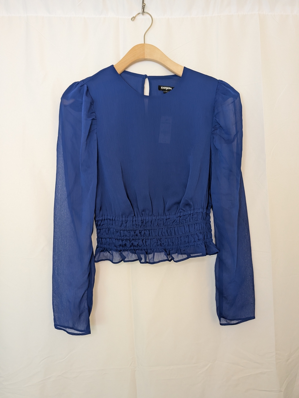 Express Blue Sheer Long-Sleeve Smocked Waist Blouse